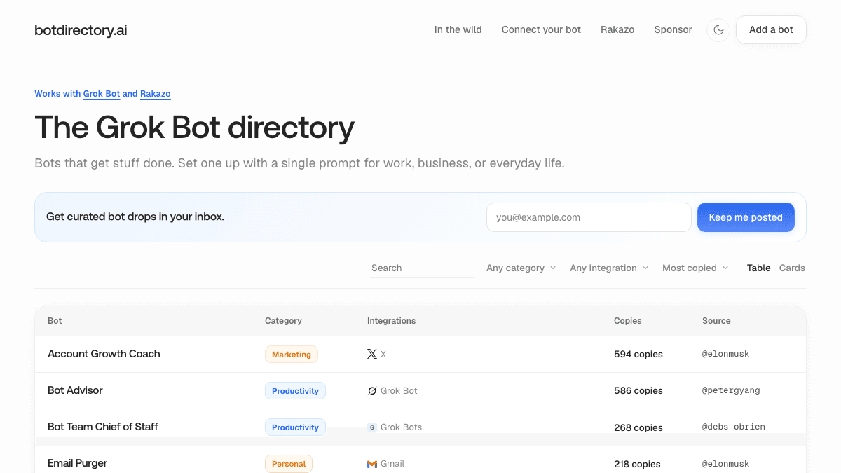 Bot Directory homepage with its catalog of Grok bots